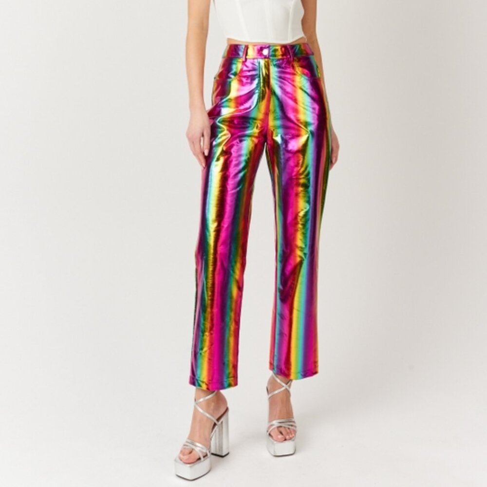 Amy Lynn Rainbow Lupe High Rise Straight Faux Leather Metallic Pants